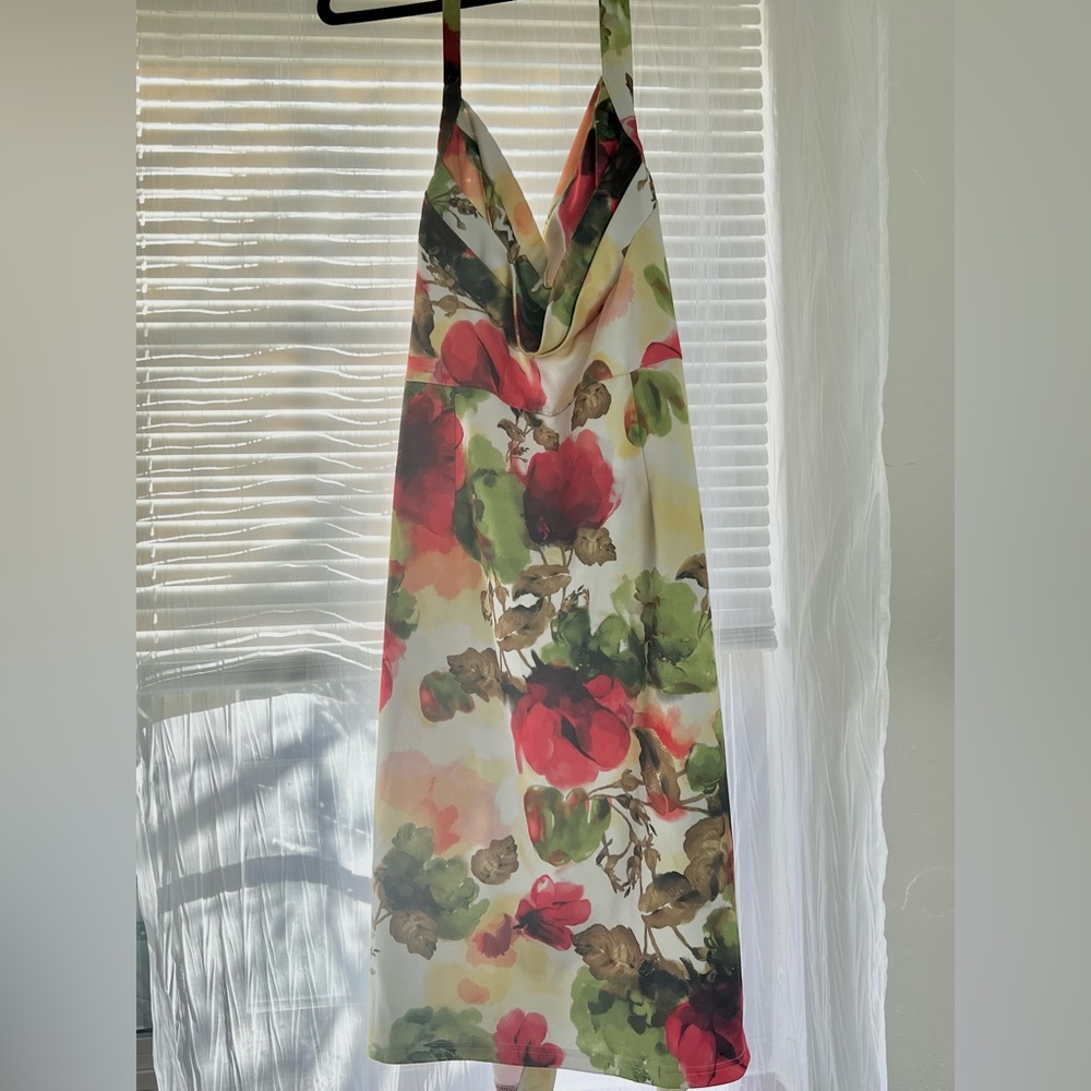 Miusol - Pinup Style Halter Dress - White/Green/Pink Floral - Size 2XL